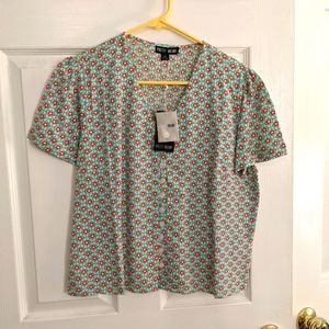 Modcloth Pretty Vacant Green Floral V-Neck Blouse (NWT)